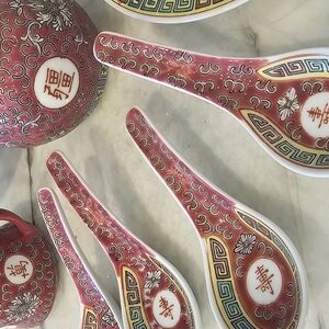 Vintage Chinese Mun Shou Pink Famille Rose Longevity Set